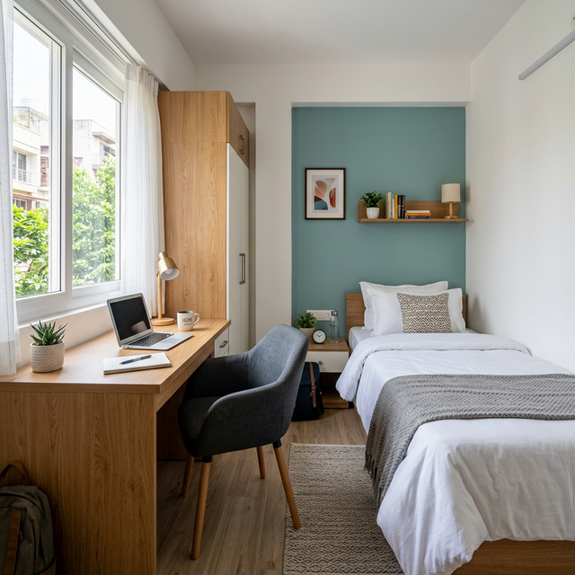 Men’s hostel room at Ammogam Hostels near DLF Ramapuram